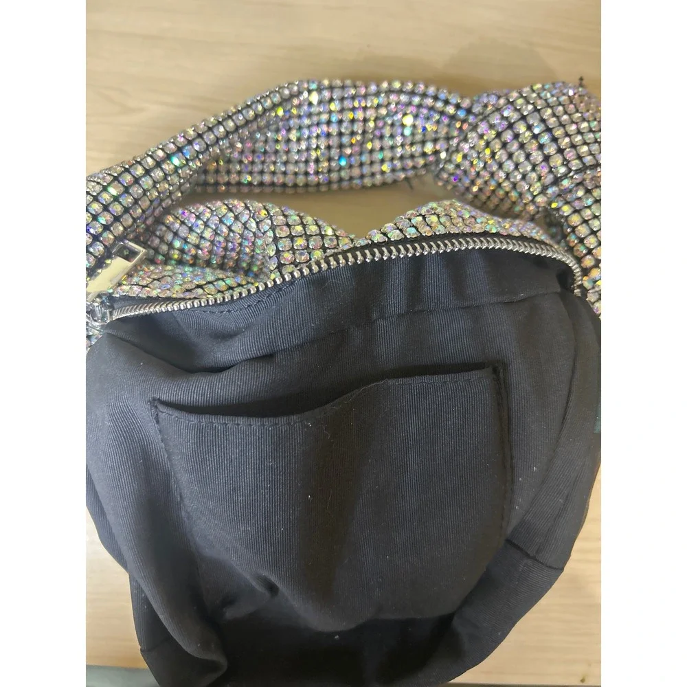 Madison West Iridescent Rhinestone Mesh Knotted Hobo Bag Silver Shimmer Evening